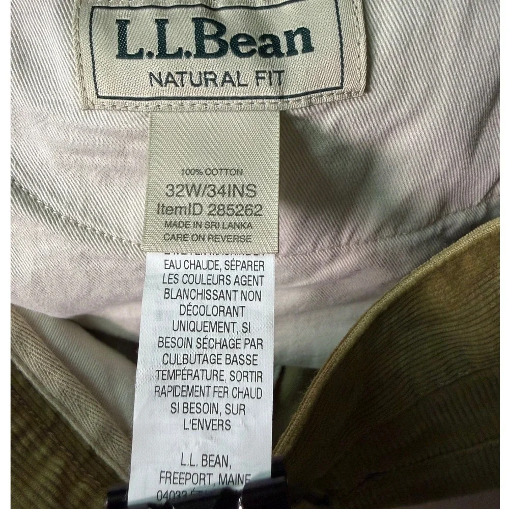 L.L.Bean Pants Mens 32x34 Natural Fit Olive Tan Corduroy 285262